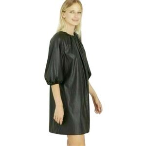 Who What Wear Black Vegan Faux Leather Puff Sleeve Mini Shift Womens Size M NEW